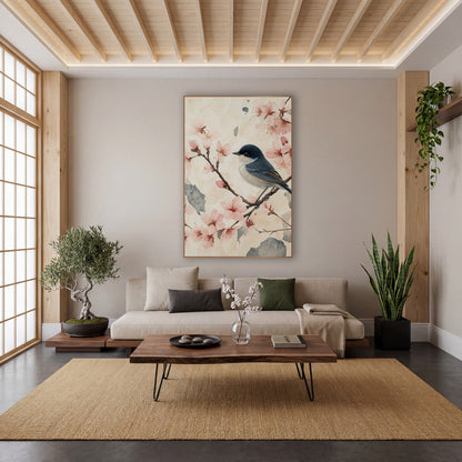 Cracked Parchment Blossom Songbird Japandi wall art in a calm Japandi-style room – small blue-gray bird on a branch