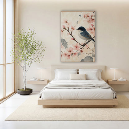 Cracked Parchment Blossom Songbird Japandi wall art in a calm Japandi-style room – small blue-gray bird on a branch