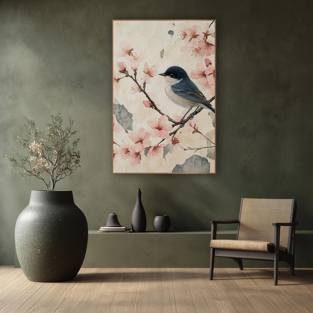 Cracked Parchment Blossom Songbird Japandi wall art in a calm Japandi-style room – small blue-gray bird on a branch