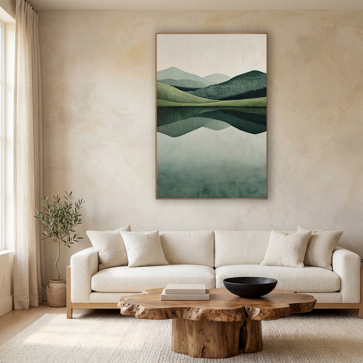 Sage Hills Lake Reflection Minimalist wall art in a calm Japandi-style room – minimalist landscape of layered sage