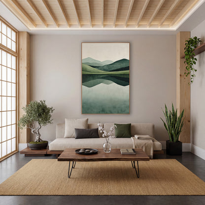 Sage Hills Lake Reflection Minimalist wall art in a calm Japandi-style room – minimalist landscape of layered sage