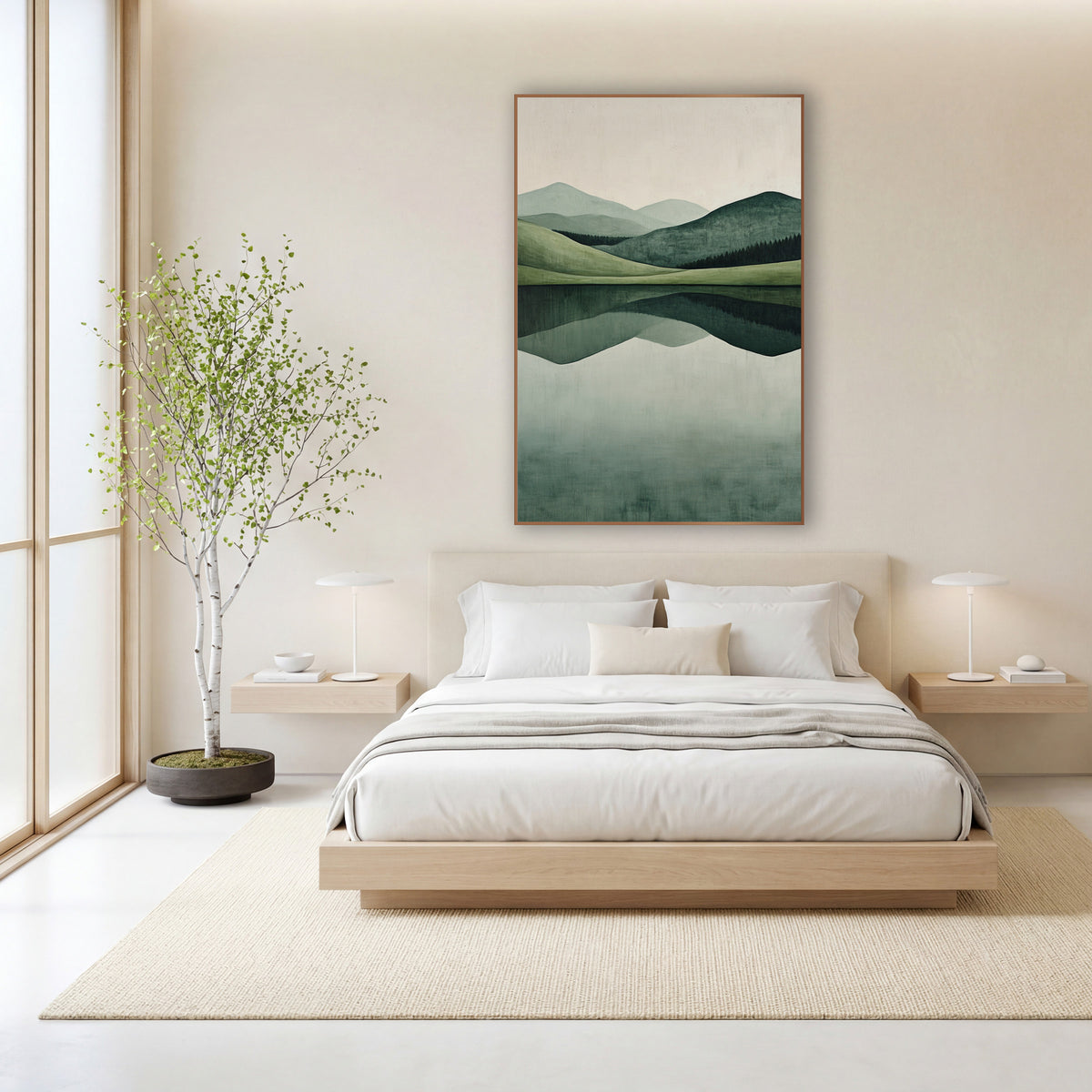 Sage Hills Lake Reflection Minimalist wall art in a calm Japandi-style room – minimalist landscape of layered sage