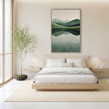 Sage Hills Lake Reflection Minimalist wall art in a calm Japandi-style room – minimalist landscape of layered sage