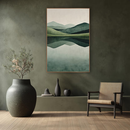 Sage Hills Lake Reflection Minimalist wall art in a calm Japandi-style room – minimalist landscape of layered sage