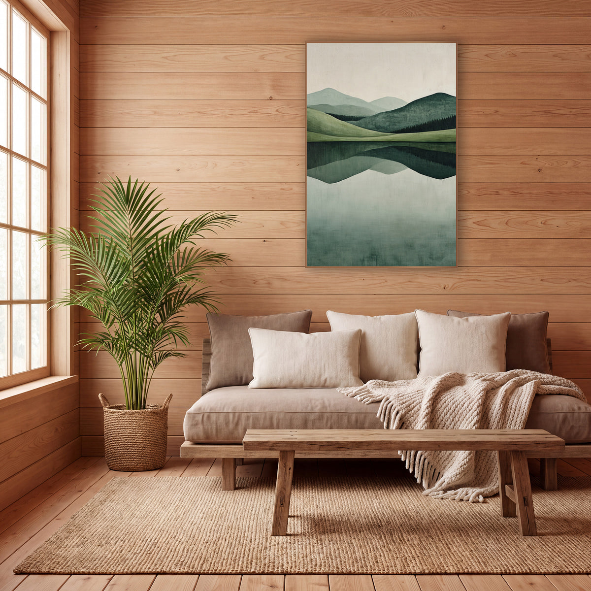 Sage Hills Lake Reflection Minimalist wall art in a calm Japandi-style room – minimalist landscape of layered sage