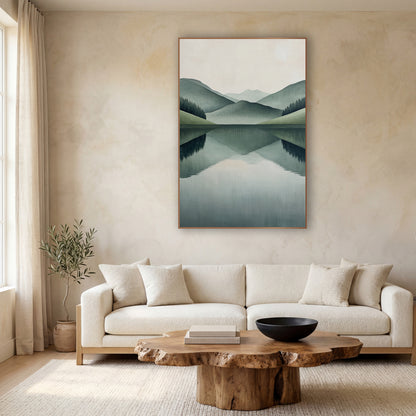 Sage Hills Mirror Lake Minimalist wall art in a calm Japandi-style room – layered sage green hills and evergreen trees