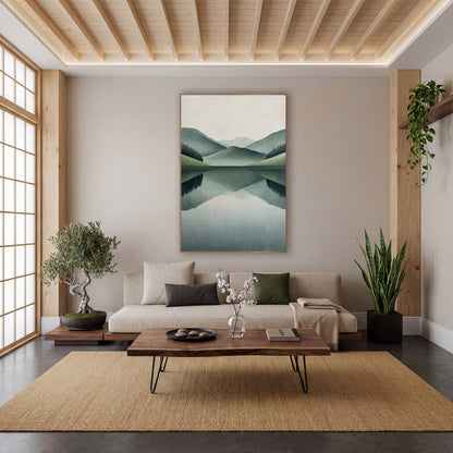 Sage Hills Mirror Lake Minimalist wall art in a calm Japandi-style room – layered sage green hills and evergreen trees