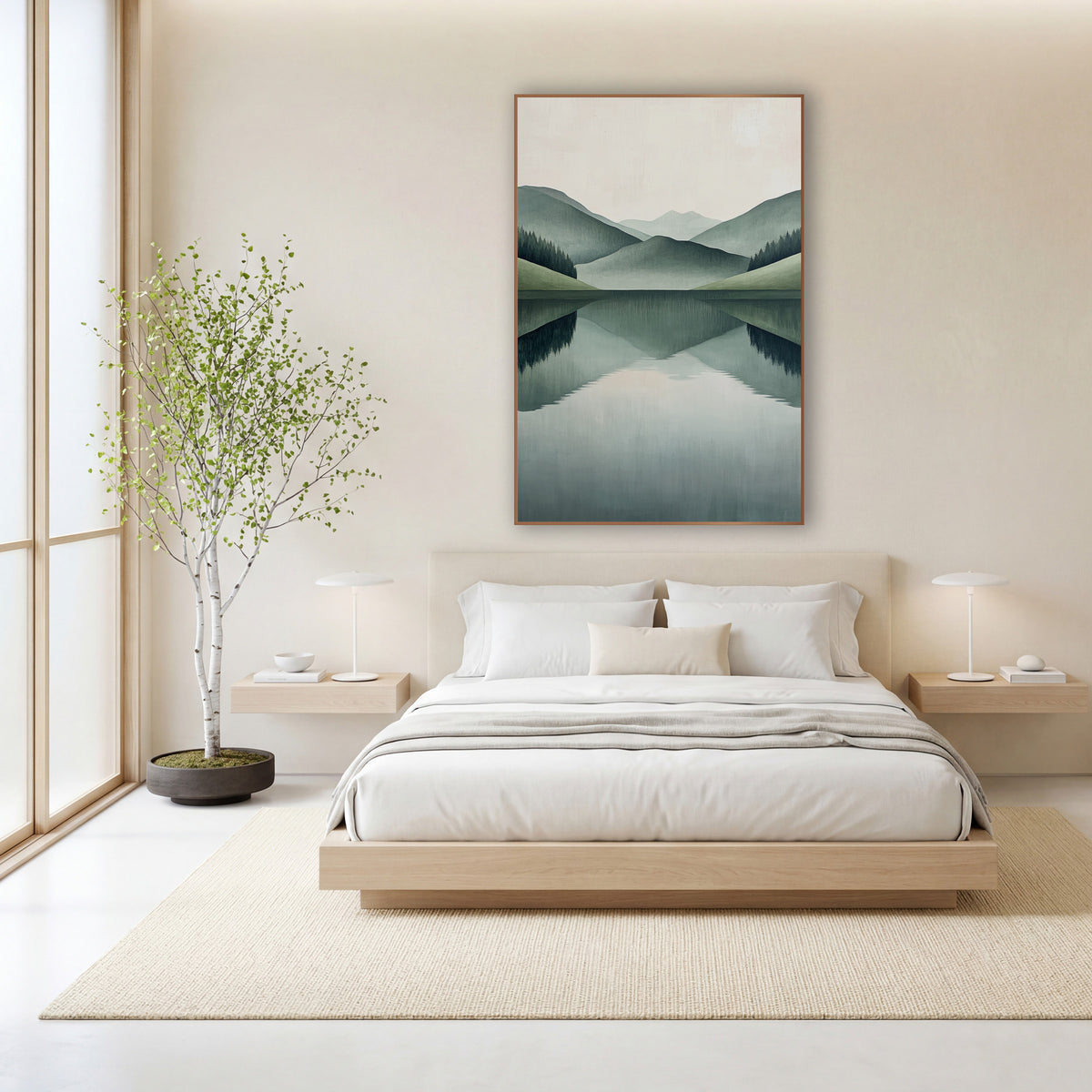 Sage Hills Mirror Lake Minimalist wall art in a calm Japandi-style room – layered sage green hills and evergreen trees