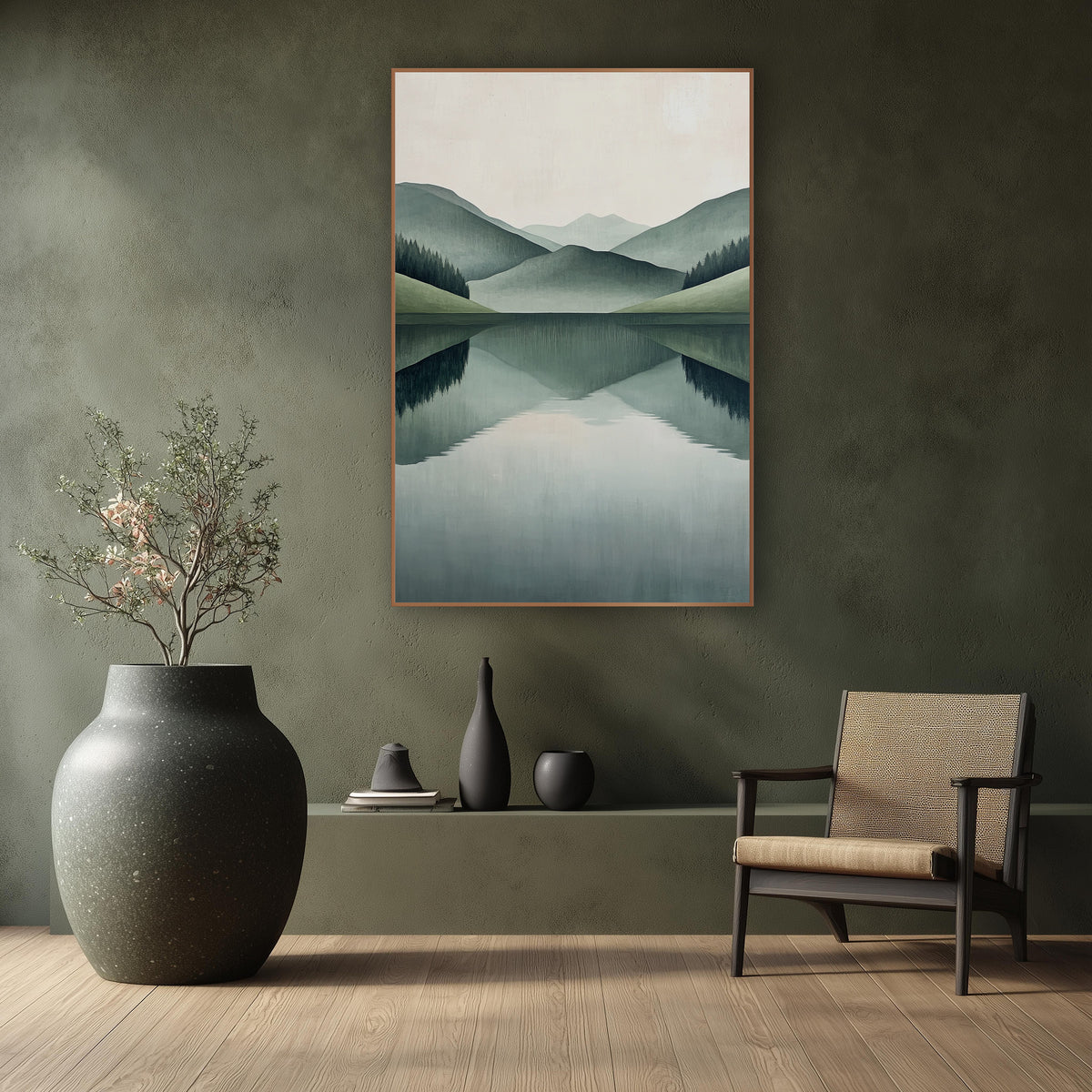 Sage Hills Mirror Lake Minimalist wall art in a calm Japandi-style room – layered sage green hills and evergreen trees