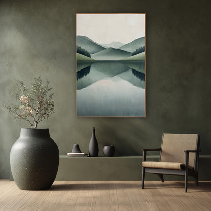 Sage Hills Mirror Lake Minimalist wall art in a calm Japandi-style room – layered sage green hills and evergreen trees