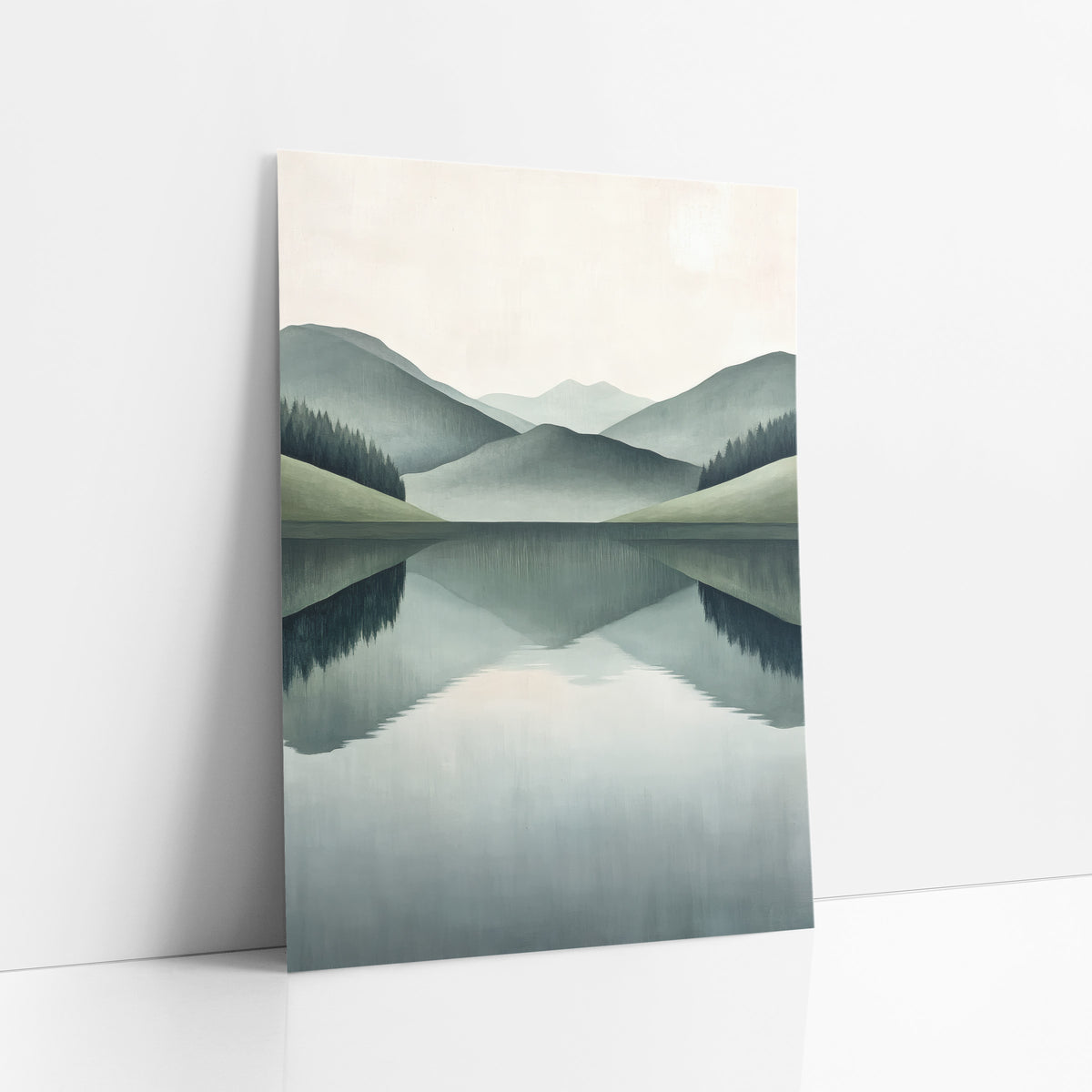 Sage Hills Mirror Lake Minimalist art print leaning against a white wall – layered sage green hills and evergreen trees