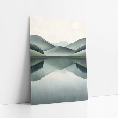 Sage Hills Mirror Lake Minimalist art print leaning against a white wall – layered sage green hills and evergreen trees