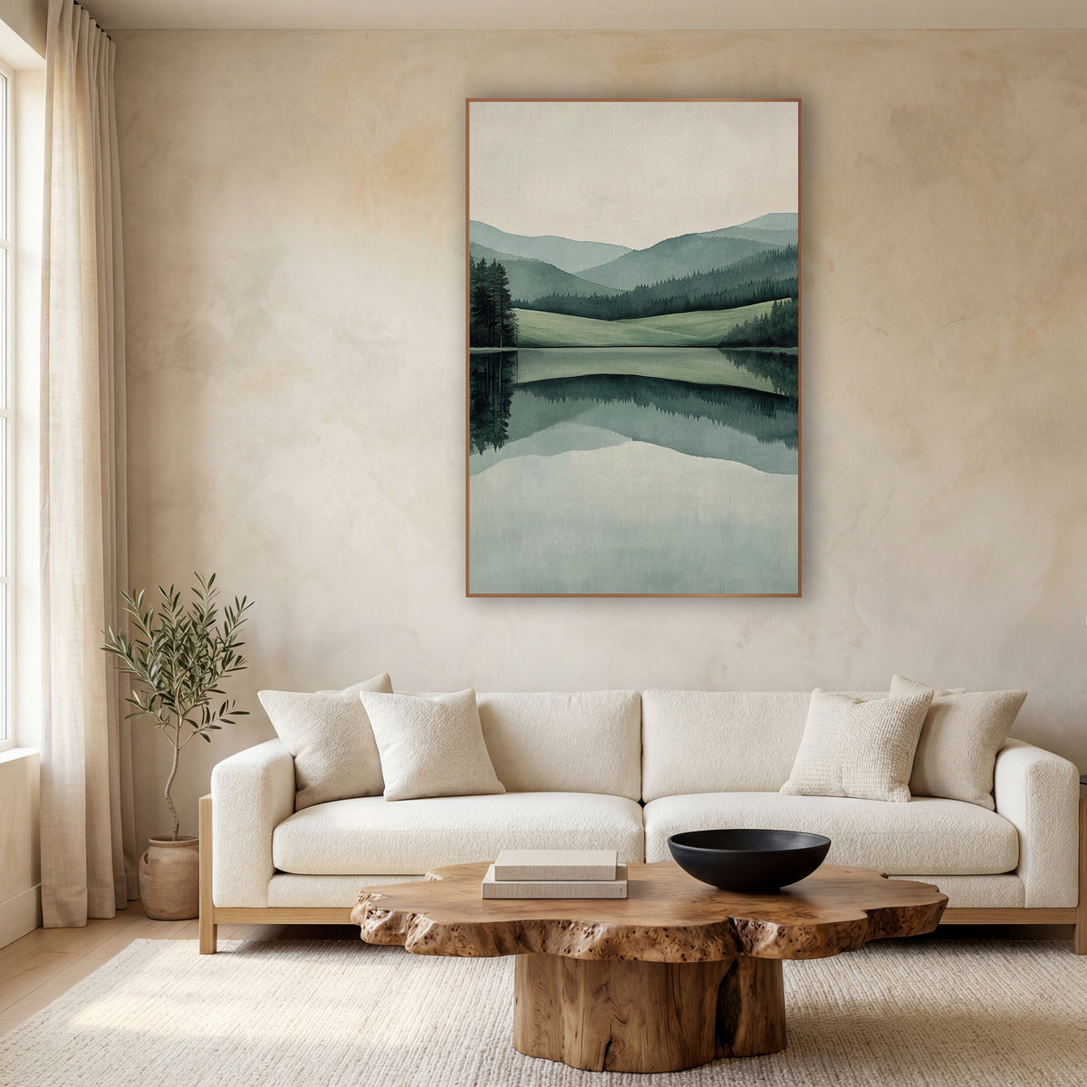 Sage Hills Still Lake Japandi wall art in a calm Japandi-style room – calm lake reflecting layered sage green hills