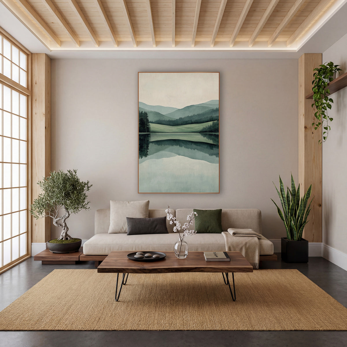 Sage Hills Still Lake Japandi wall art in a calm Japandi-style room – calm lake reflecting layered sage green hills