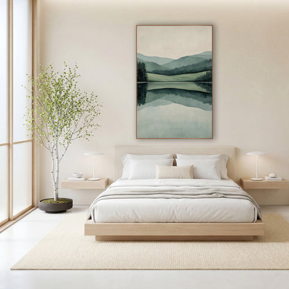 Sage Hills Still Lake Japandi wall art in a calm Japandi-style room – calm lake reflecting layered sage green hills