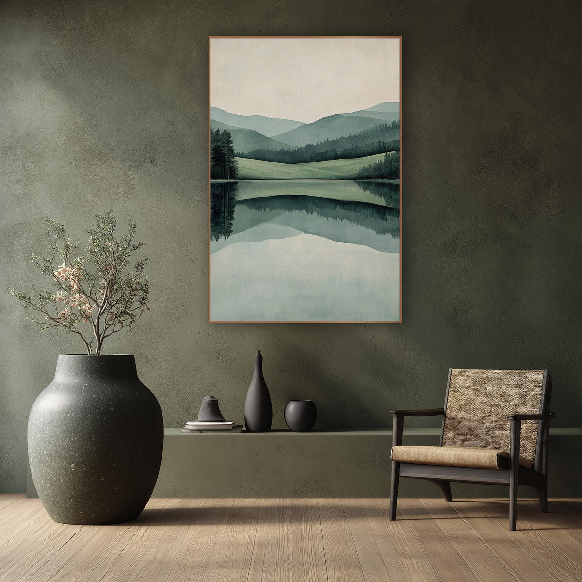 Sage Hills Still Lake Japandi wall art in a calm Japandi-style room – calm lake reflecting layered sage green hills