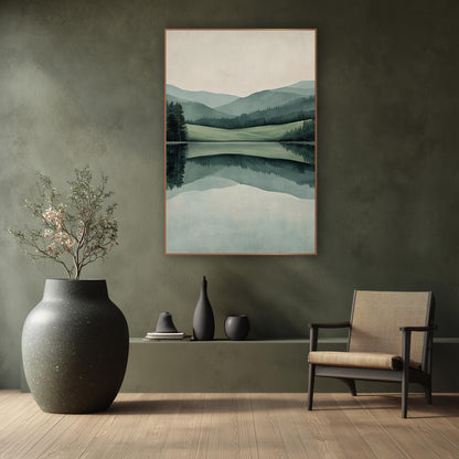 Sage Hills Still Lake Japandi wall art in a calm Japandi-style room – calm lake reflecting layered sage green hills
