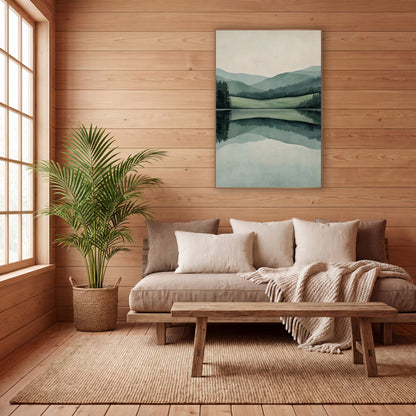 Sage Hills Still Lake Japandi wall art in a calm Japandi-style room – calm lake reflecting layered sage green hills