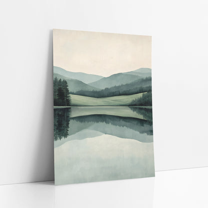 Sage Hills Still Lake Japandi art print leaning against a white wall – calm lake reflecting layered sage green hills