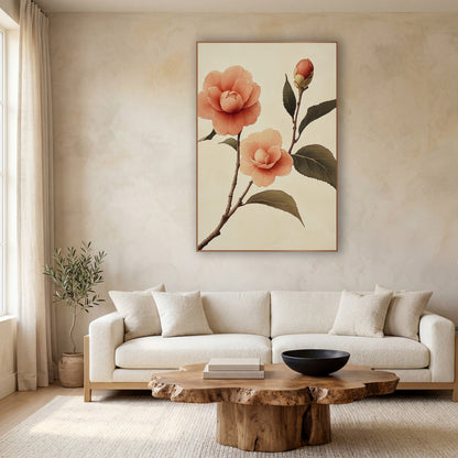 Twin Camellia Bud Japandi Ink wall art in a calm Japandi-style room – peach camellia branch with two open blossoms