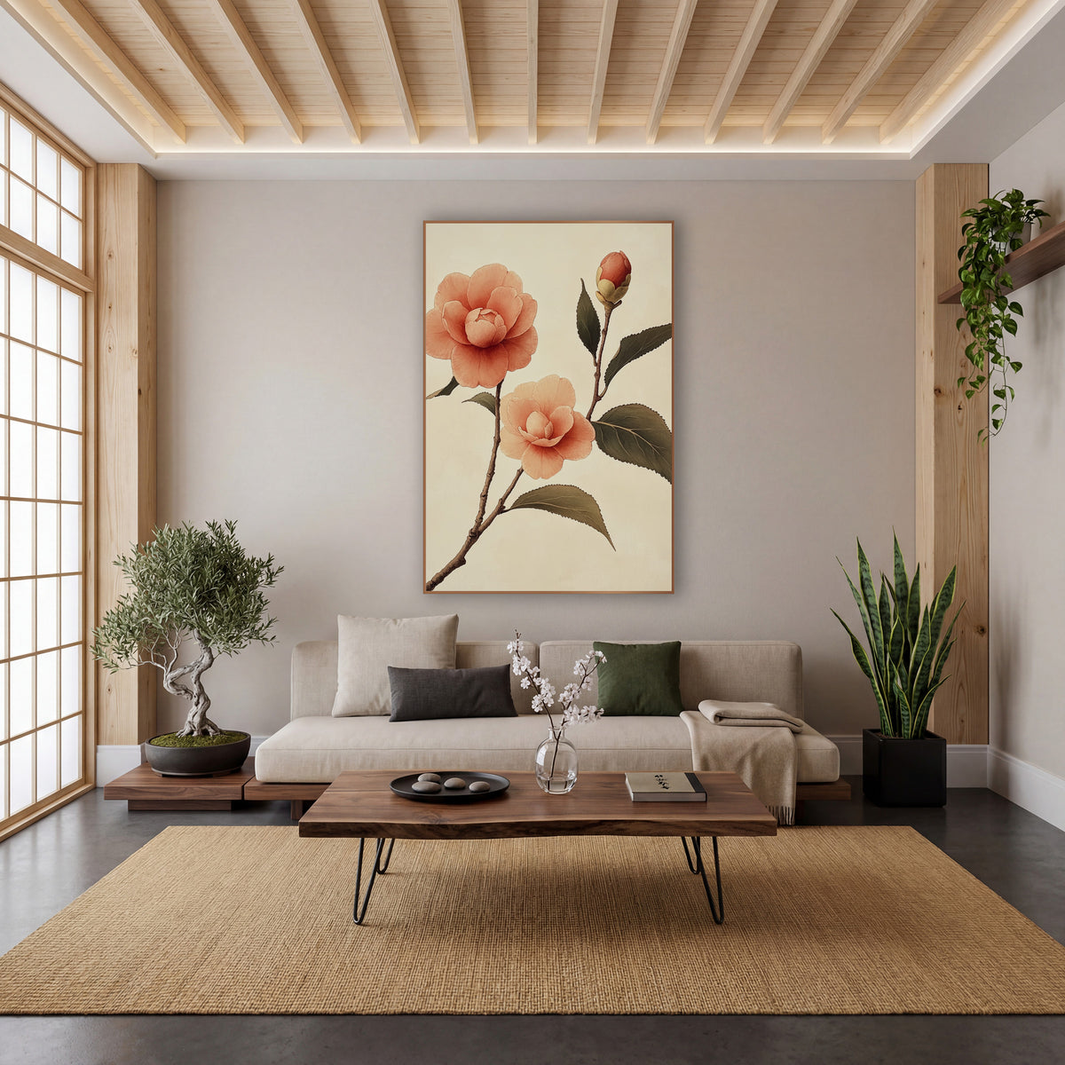 Twin Camellia Bud Japandi Ink wall art in a calm Japandi-style room – peach camellia branch with two open blossoms