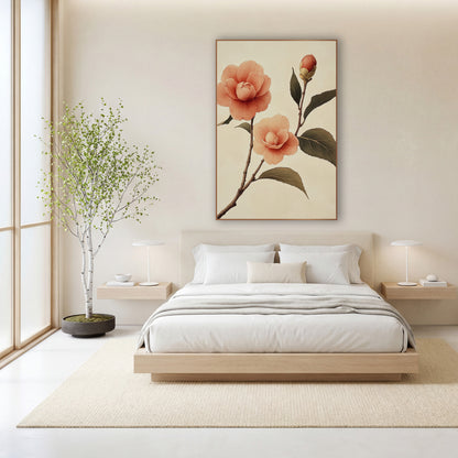 Twin Camellia Bud Japandi Ink wall art in a calm Japandi-style room – peach camellia branch with two open blossoms