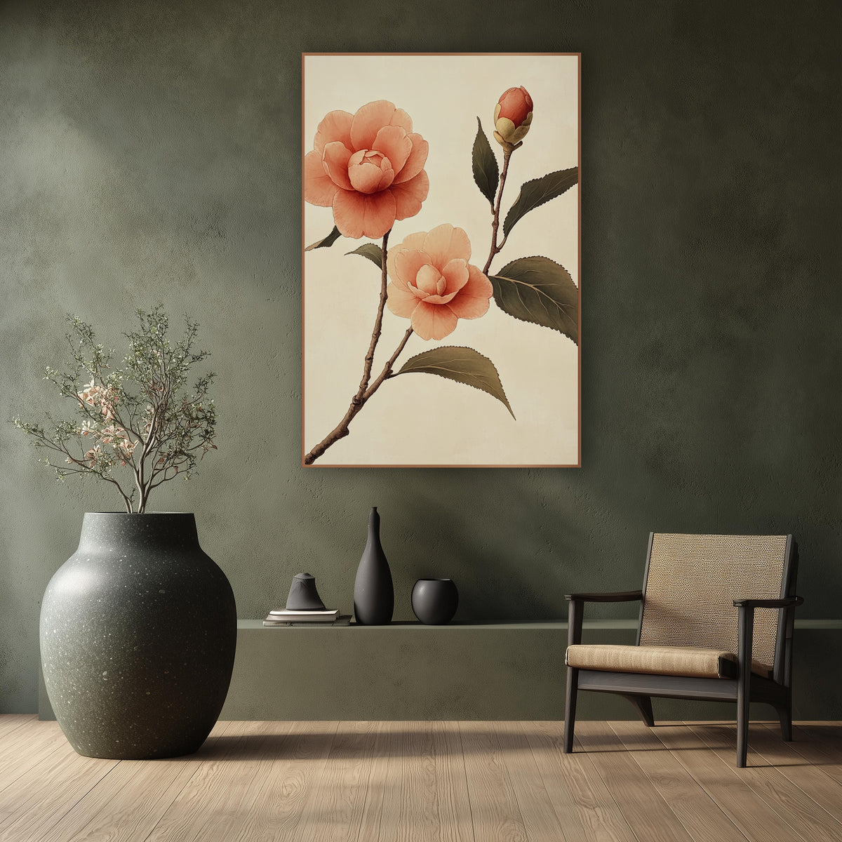 Twin Camellia Bud Japandi Ink wall art in a calm Japandi-style room – peach camellia branch with two open blossoms