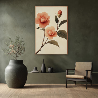 Twin Camellia Bud Japandi Ink wall art in a calm Japandi-style room – peach camellia branch with two open blossoms