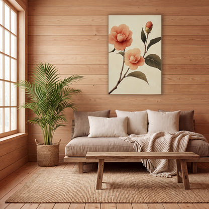Twin Camellia Bud Japandi Ink wall art in a calm Japandi-style room – peach camellia branch with two open blossoms