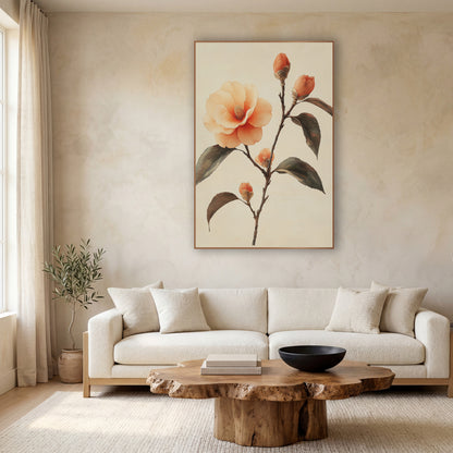 Camellia Bud Cluster Japandi Botanical wall art in a calm Japandi-style room – peach camellia branch with one open