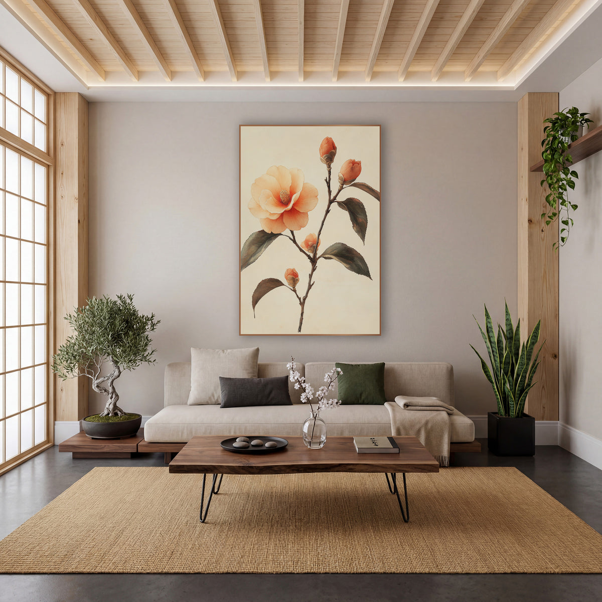 Camellia Bud Cluster Japandi Botanical wall art in a calm Japandi-style room – peach camellia branch with one open