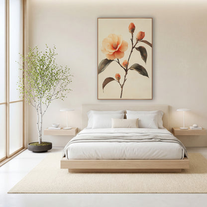 Camellia Bud Cluster Japandi Botanical wall art in a calm Japandi-style room – peach camellia branch with one open