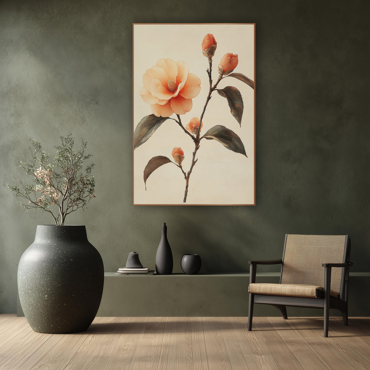 Camellia Bud Cluster Japandi Botanical wall art in a calm Japandi-style room – peach camellia branch with one open