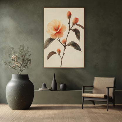 Camellia Bud Cluster Japandi Botanical wall art in a calm Japandi-style room – peach camellia branch with one open