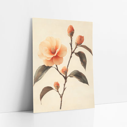 Camellia Bud Cluster Japandi Botanical art print leaning against a white wall – peach camellia branch with one open bloom