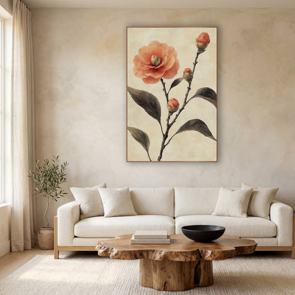 Coral Camellia Full Bloom Japandi wall art in a calm Japandi-style room – coral camellia flower with three closed buds