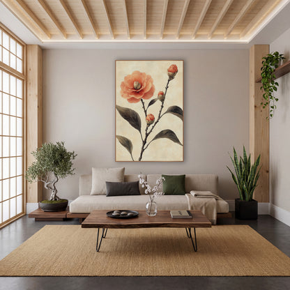 Coral Camellia Full Bloom Japandi wall art in a calm Japandi-style room – coral camellia flower with three closed buds