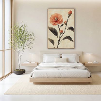 Coral Camellia Full Bloom Japandi wall art in a calm Japandi-style room – coral camellia flower with three closed buds