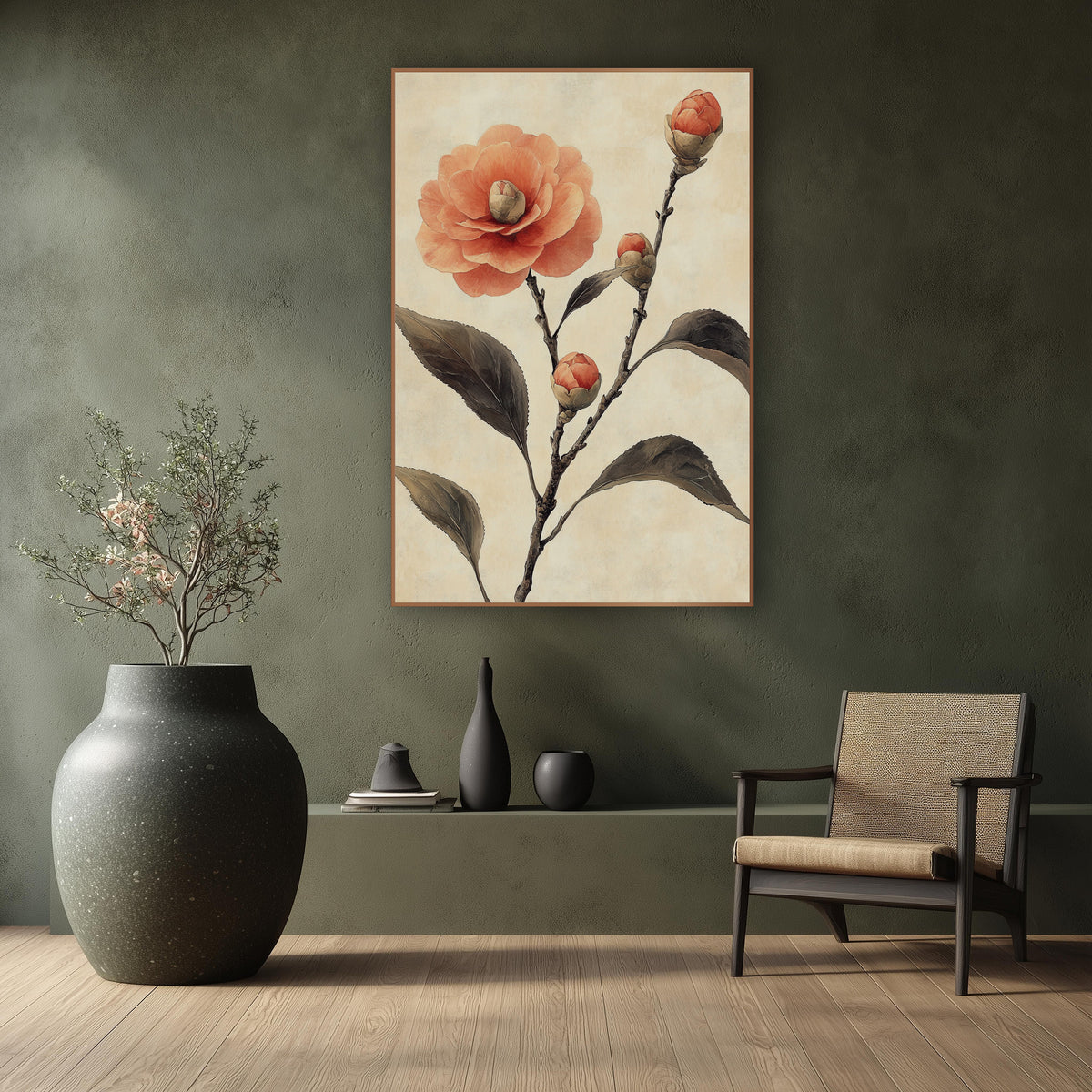 Coral Camellia Full Bloom Japandi wall art in a calm Japandi-style room – coral camellia flower with three closed buds