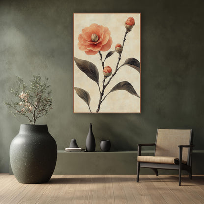 Coral Camellia Full Bloom Japandi wall art in a calm Japandi-style room – coral camellia flower with three closed buds