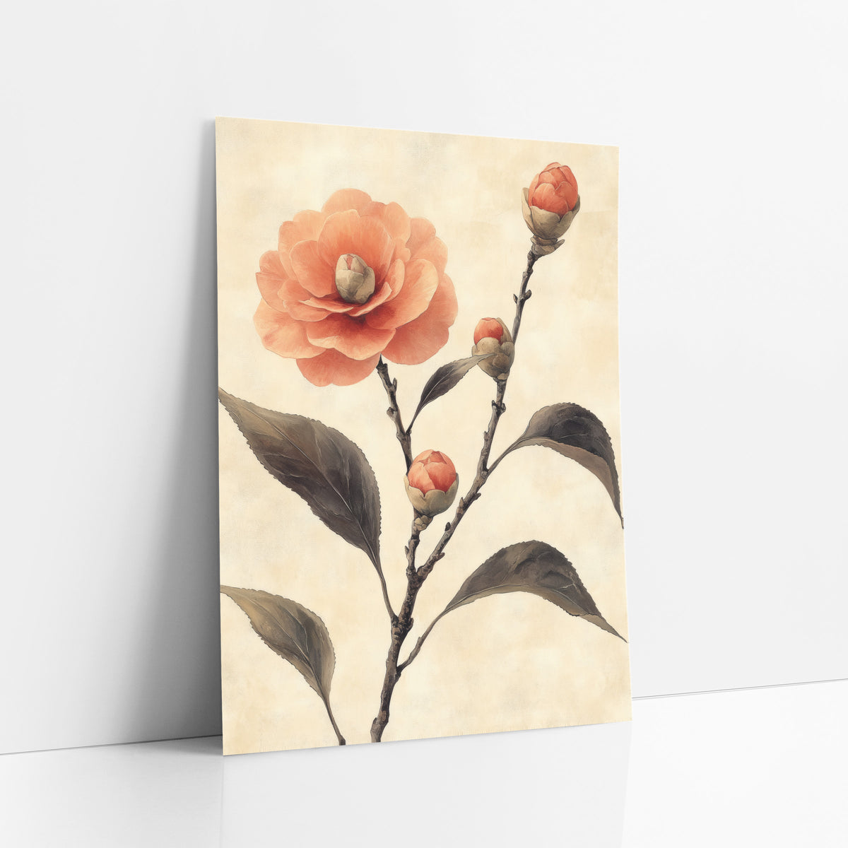 Coral Camellia Full Bloom Japandi art print leaning against a white wall – coral camellia flower with three closed buds