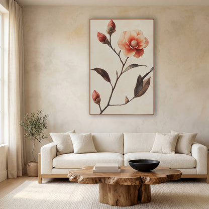 Camellia Ascending Buds Watercolor Botanical wall art in a calm Japandi-style room – coral camellia flower with three