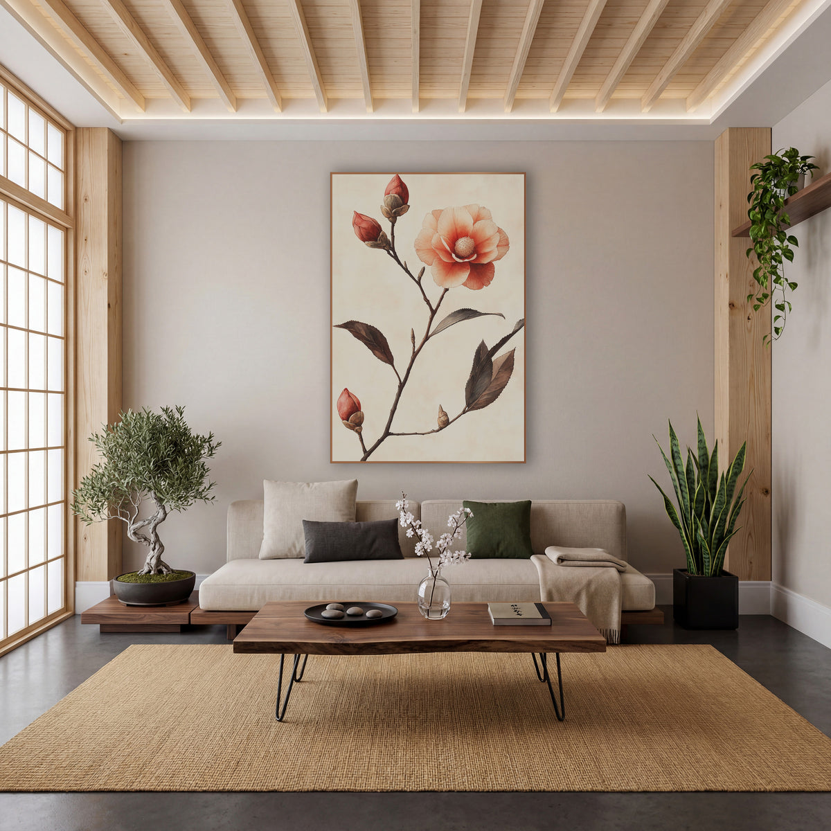 Camellia Ascending Buds Watercolor Botanical wall art in a calm Japandi-style room – coral camellia flower with three