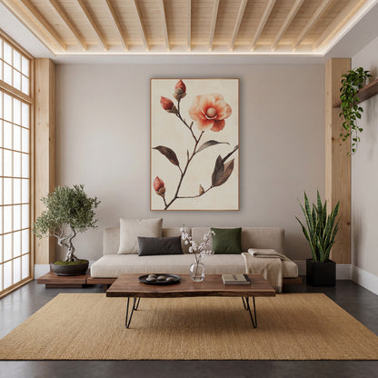 Camellia Ascending Buds Watercolor Botanical wall art in a calm Japandi-style room – coral camellia flower with three