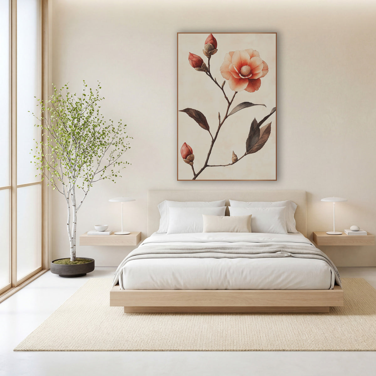 Camellia Ascending Buds Watercolor Botanical wall art in a calm Japandi-style room – coral camellia flower with three