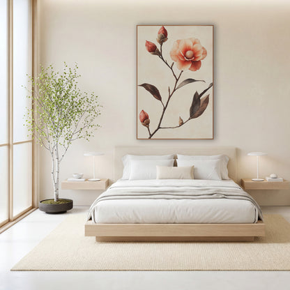 Camellia Ascending Buds Watercolor Botanical wall art in a calm Japandi-style room – coral camellia flower with three
