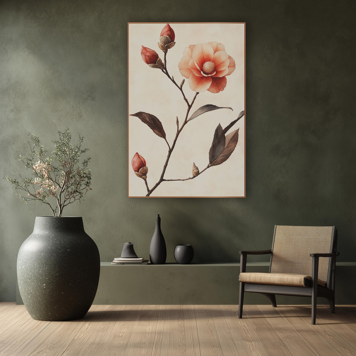 Camellia Ascending Buds Watercolor Botanical wall art in a calm Japandi-style room – coral camellia flower with three