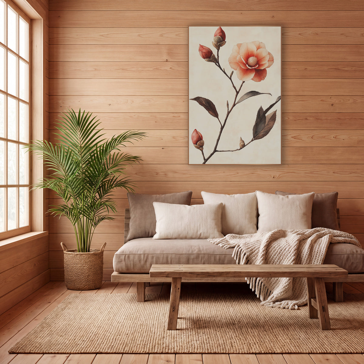 Camellia Ascending Buds Watercolor Botanical wall art in a calm Japandi-style room – coral camellia flower with three