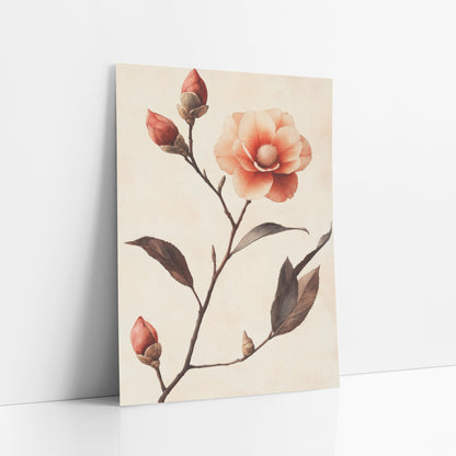 Camellia Ascending Buds Watercolor Botanical art print leaning against a white wall – coral camellia flower with three red