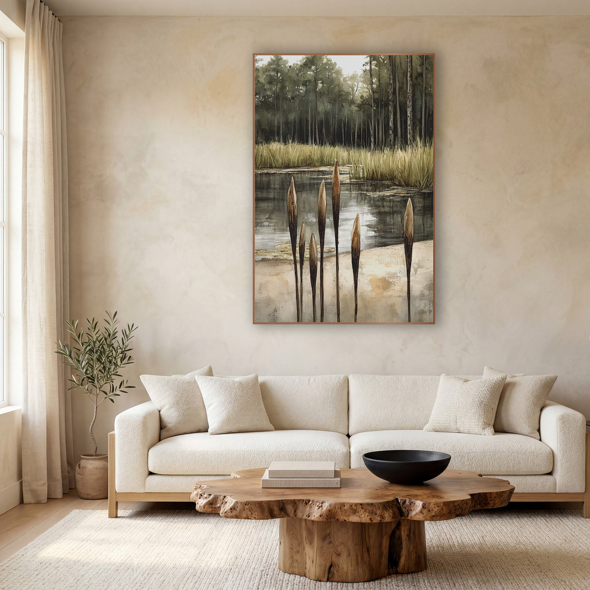 Quiet Cattail Pond Landscape Japandi wall art in a calm Japandi-style room – six brown cattails beside a still pond
